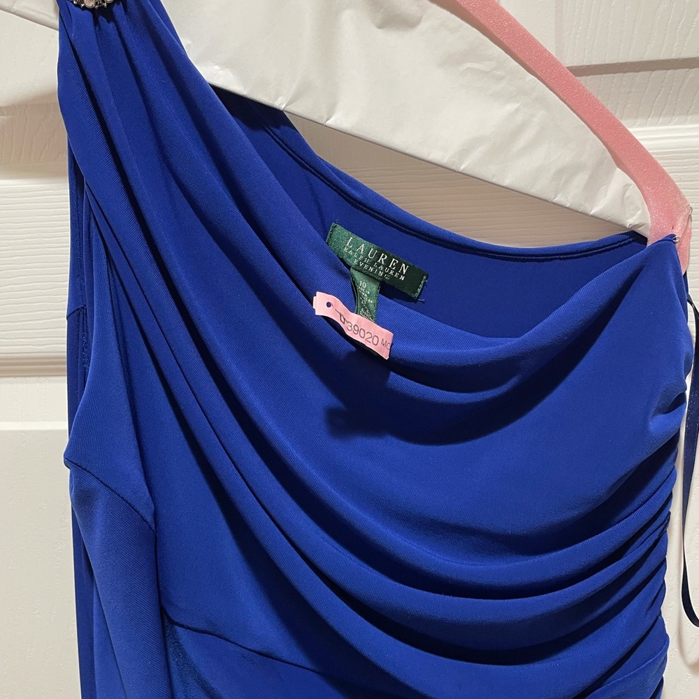 One shoulder Lauren cocktail dress. Royal blue, stretch material size 10